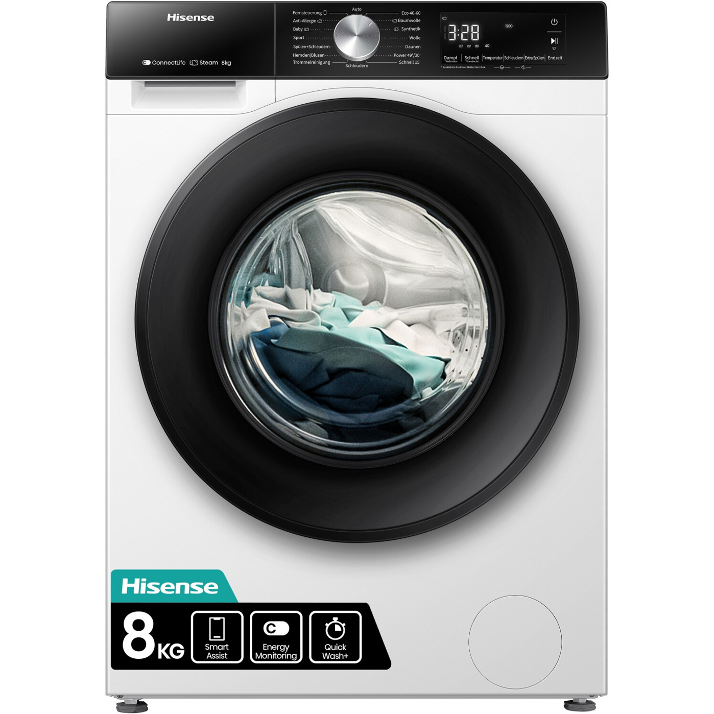Hisense - WF3S8043BW3 - Waschmaschine - 8 kg, 1.400 U/Min, App-Steuerung, 15 Waschprogramme, weiß