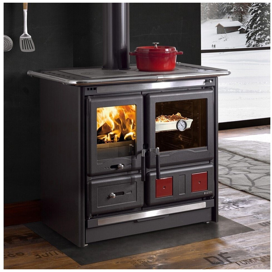 La Nordica - Rosa L - Küchenofen - schwarz, Gusseisen, Dauerbrand, 8,1 kW, Thermometer, Backofen, Scheibenspülung, Rüttelrost