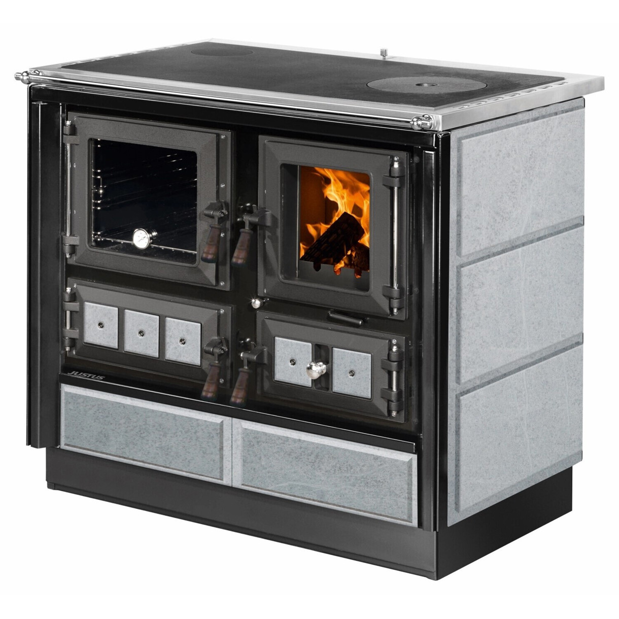 Justus - Rustico-90 2.0 - Küchenofen - Stahl, Speckstein, 7 kW, Zeitbrand, Dauerbrand, mit Backofen und Thermometer