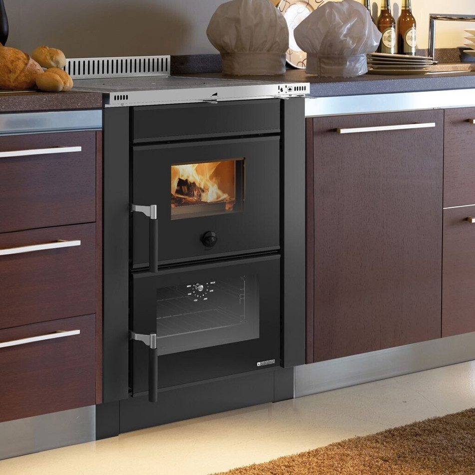 La Nordica - Vicenza Evo - Dauerbrandherd - Anthrazit, 6 kW Heizleistung, Gusseisen, Edelstahl, Keramik, Backofen, Sichtfenster